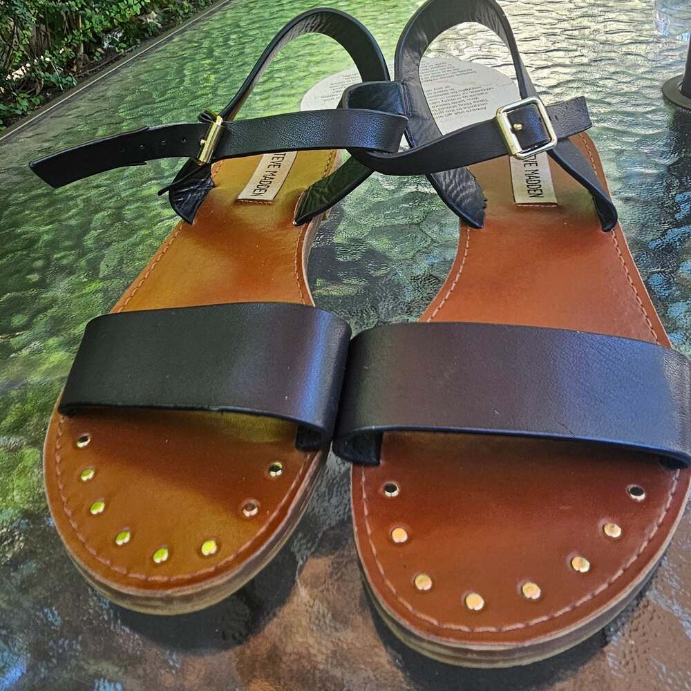 Steve Madden Women's Black Ankle Strap Flat Sandals Gold Studded Size 8